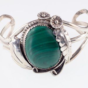 Sterling Silver Navajo Cuff Bracelet with Malachite Stone, CP